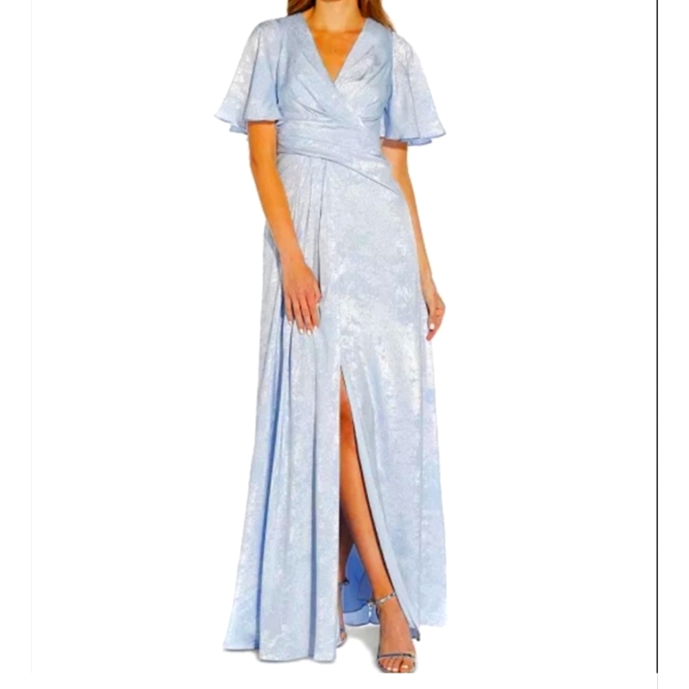 Adrianna Papell Sky Blue Shimmer Flutter Dress Maxi Wrap Size 4 New With Tags